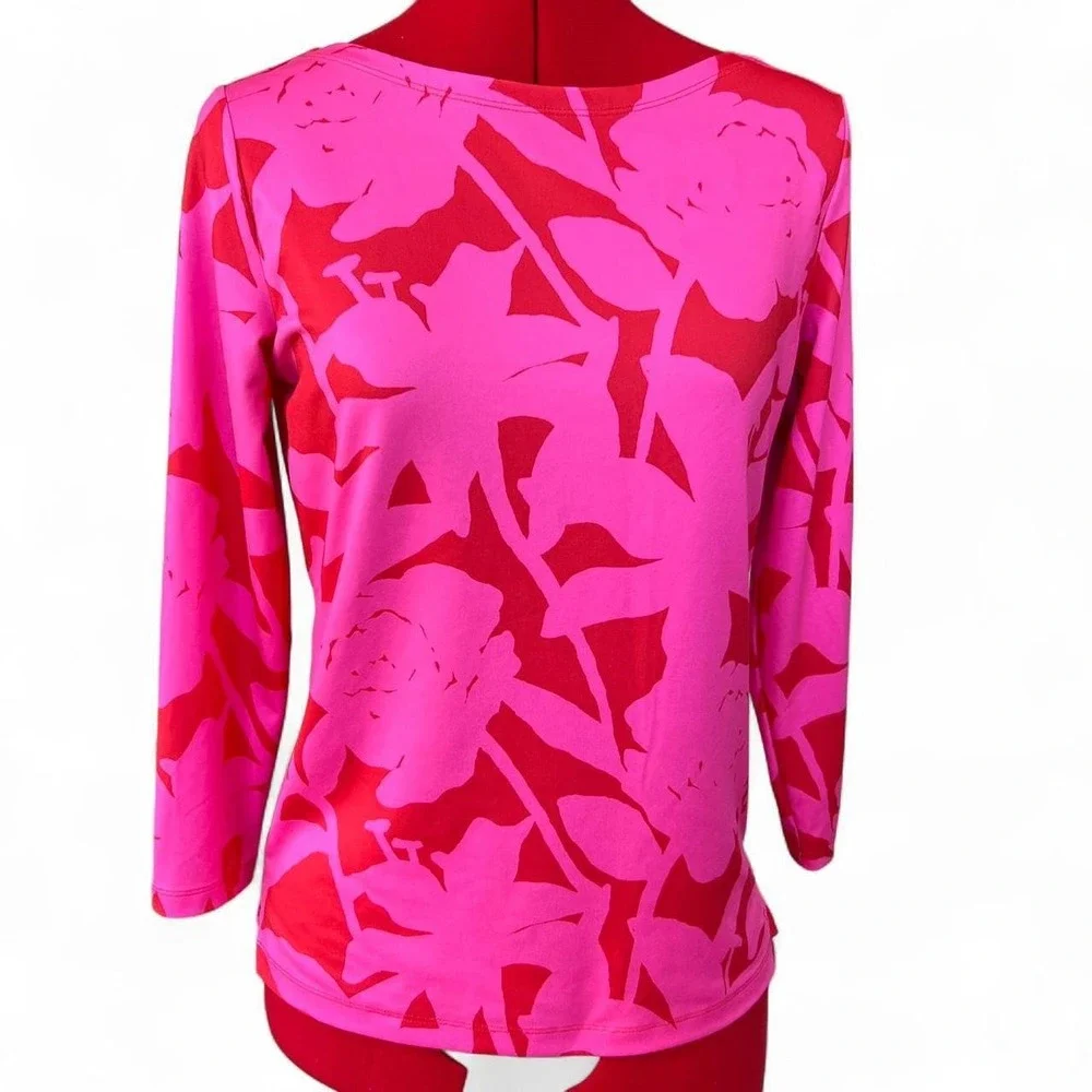 Vineyard Vines Red & Hot Pink Rose Pattern Swim Rashguard Size XS